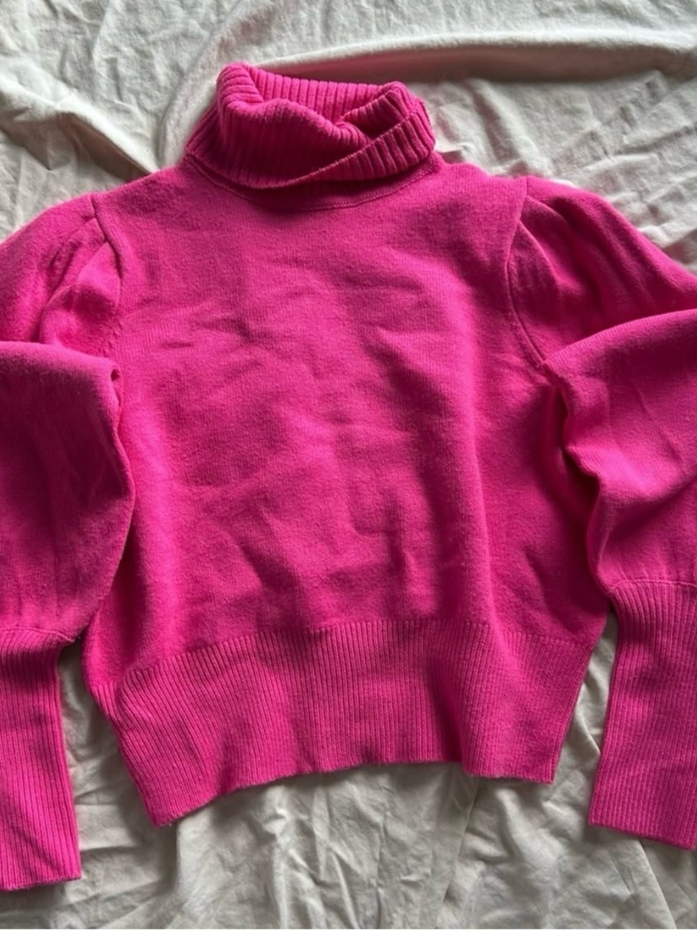 French Connection Hot Pink Puff Sleeve Soft Knit Turtleneck Sweater